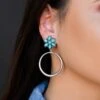 Silver Dangle Hoop On Turquoise Flower Post Earrings