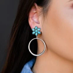 Silver Dangle Hoop On Turquoise Flower Post Earrings