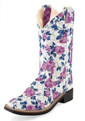 Children's White And Lilac Floral Square Toe Boots